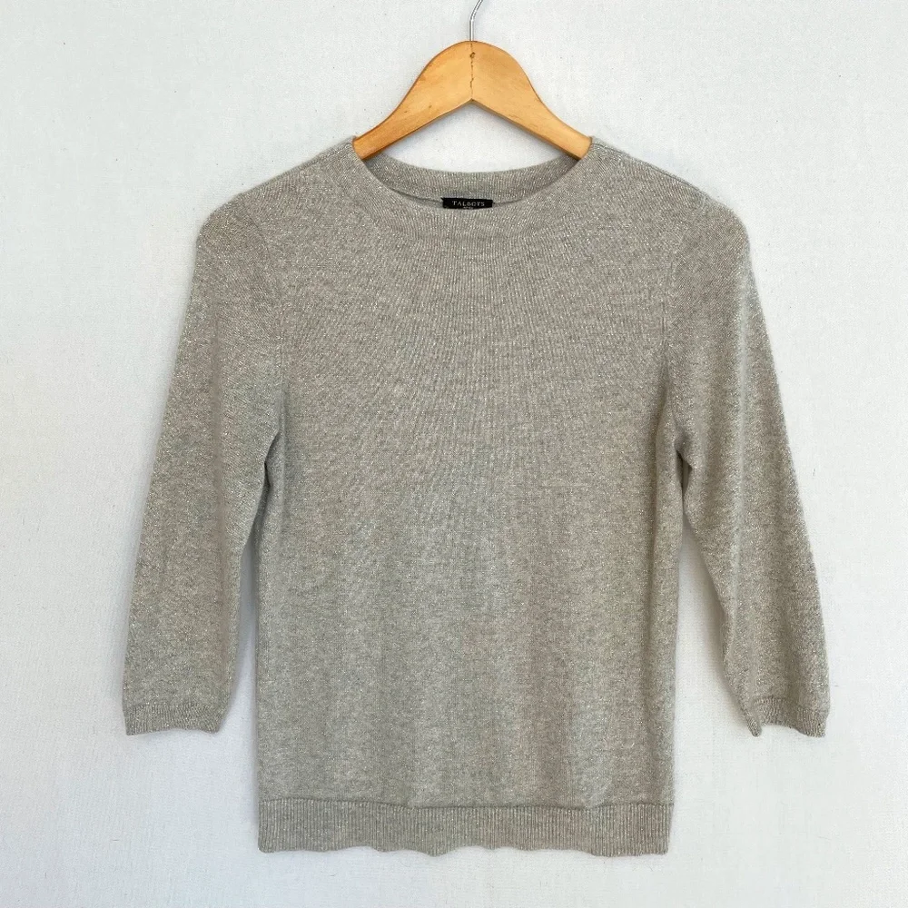 TALBOTS Women's Petite Small Gray Cashmere Silver Sparkle Crew Neck Sweater